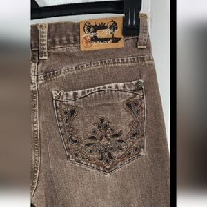 Marc Ecko brown jeans sz 18 waist 30×28 cut & sew western design on back pockets